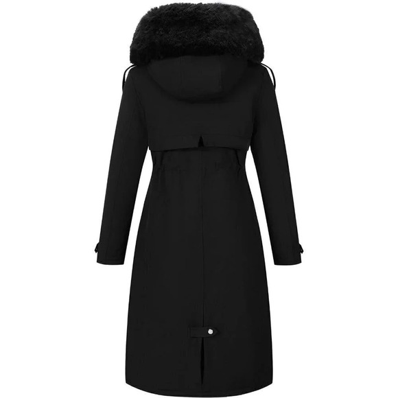 Women Polyester Fiber Long Collar Hooded Thermal Fur lined Belted Puffer Coat - Picture 2 of 6
